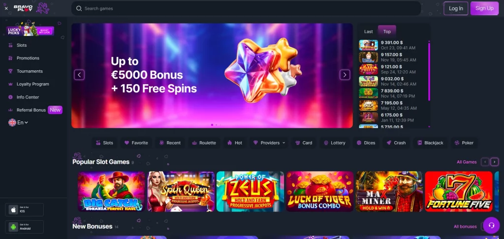 BravoPlay Casino Home page