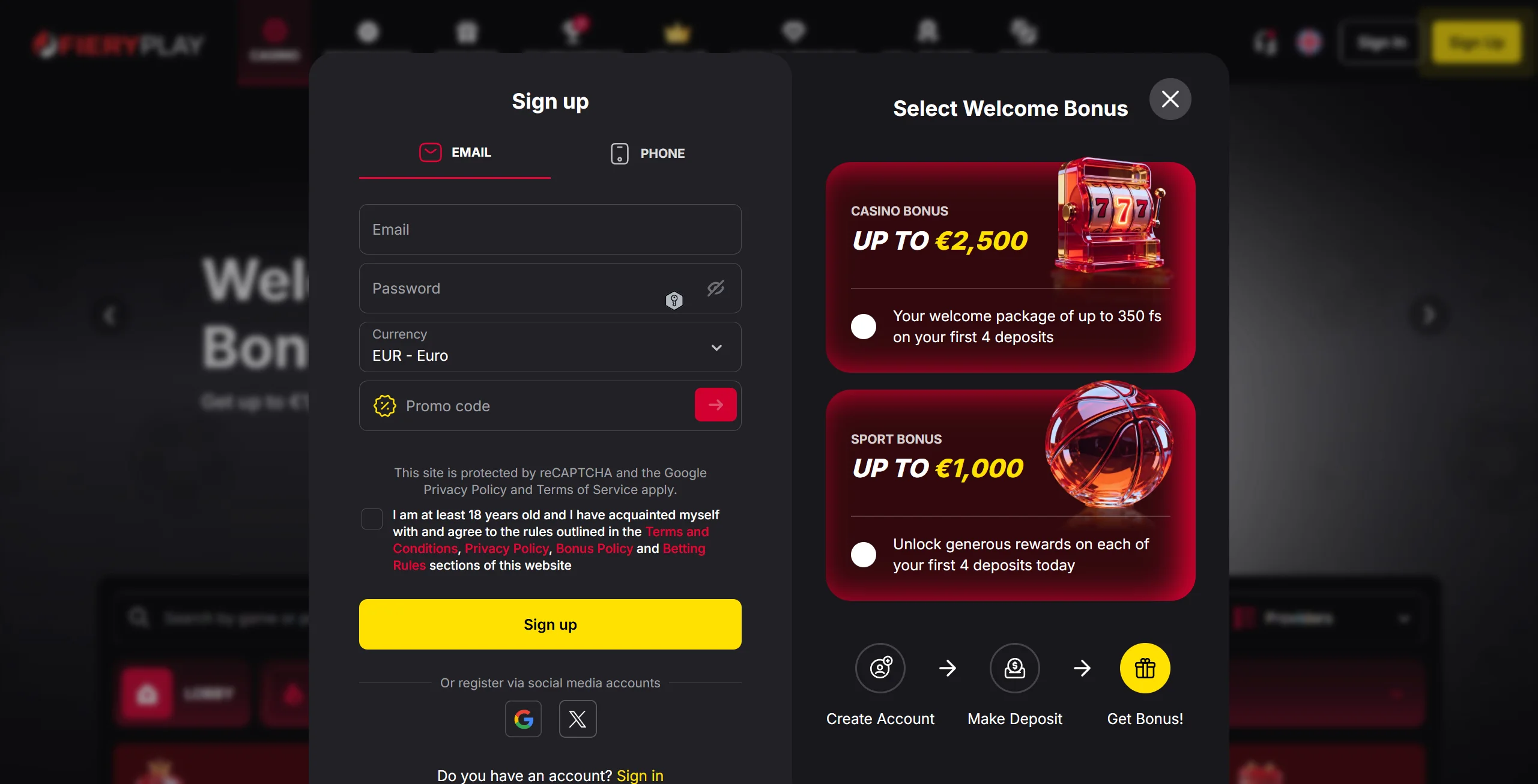 FieryPlay Casino sing up