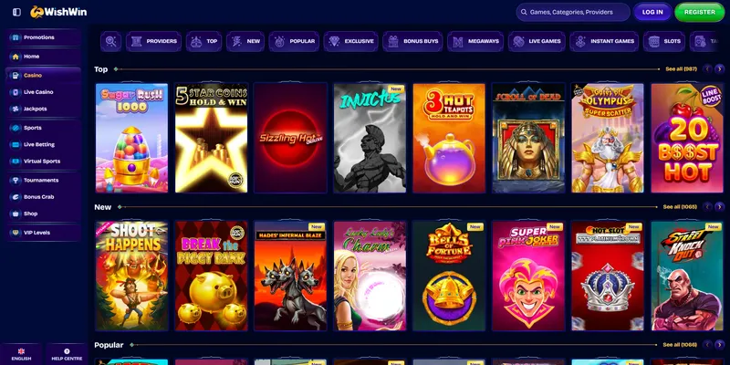 Games and Providers in WishWin Casino 