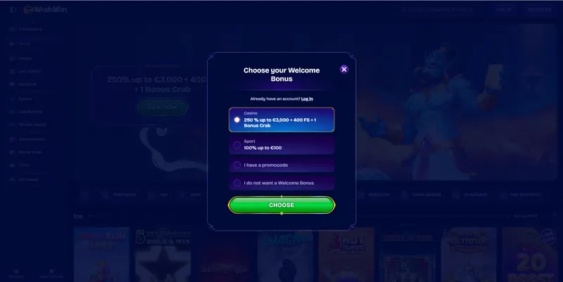 Registration at WishWin Casino