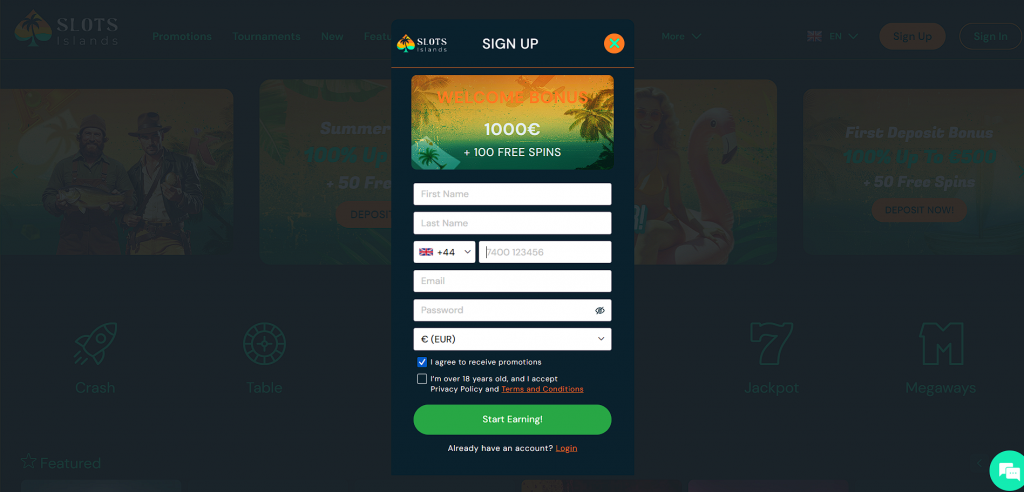 Registration at Slots Islands Casino