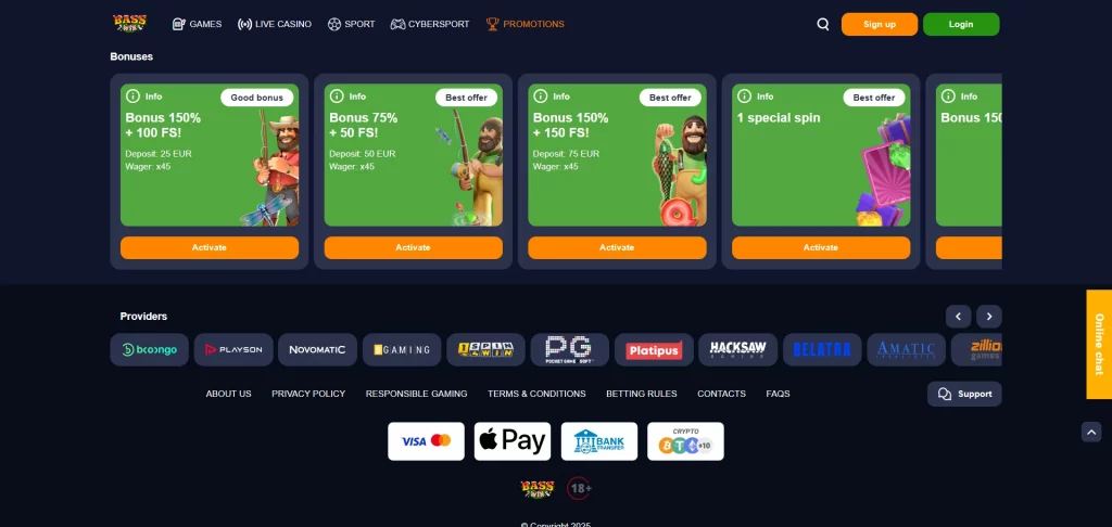 Promotions offered by Bass Win Casino