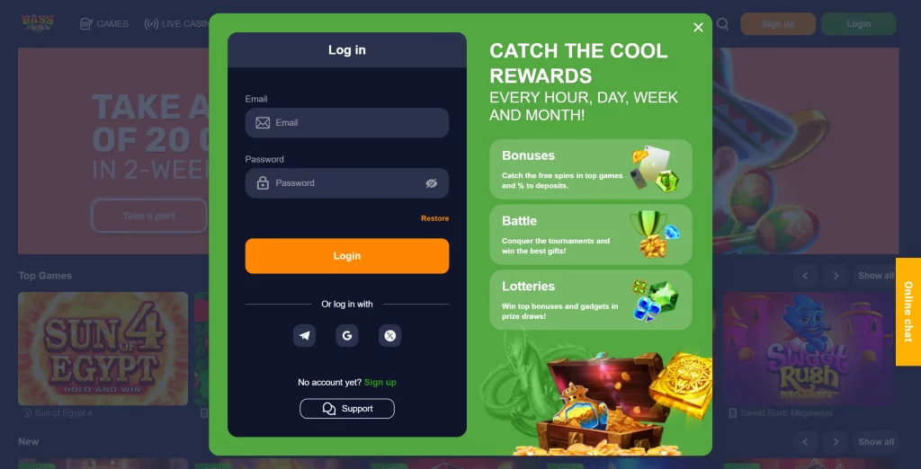 Bass Win Casino registration window