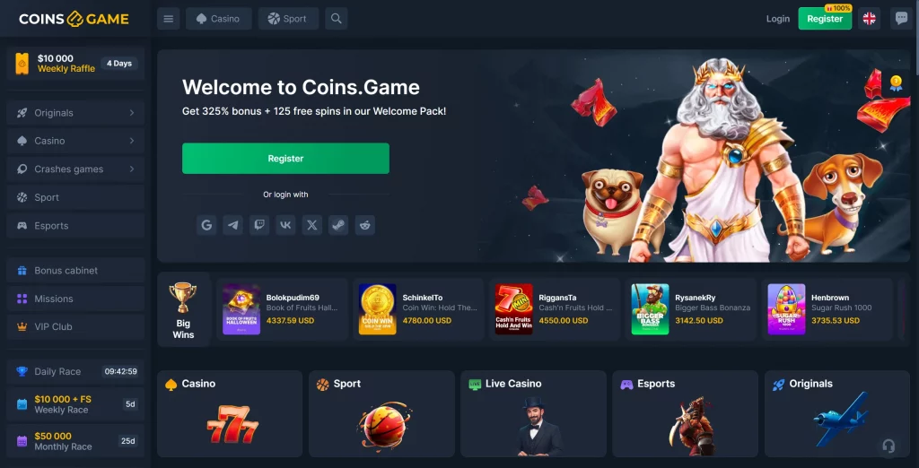 Coins Game Casino home page