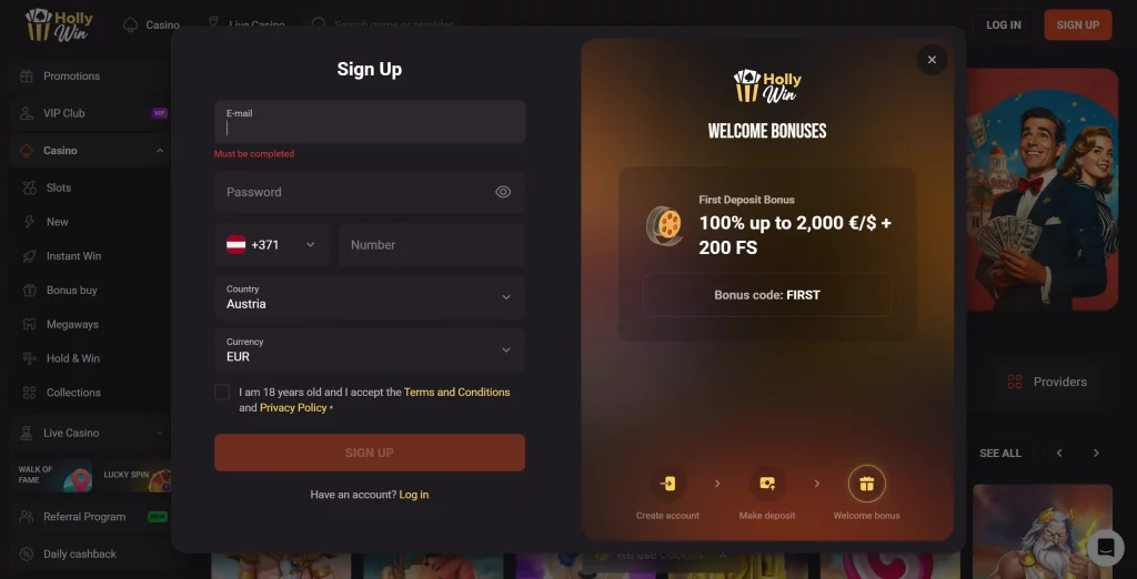 HollyWin Casino Sing-Up