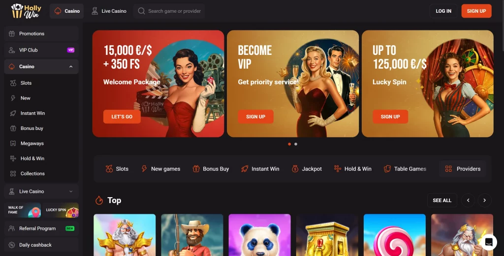 HollyWin Casino home page