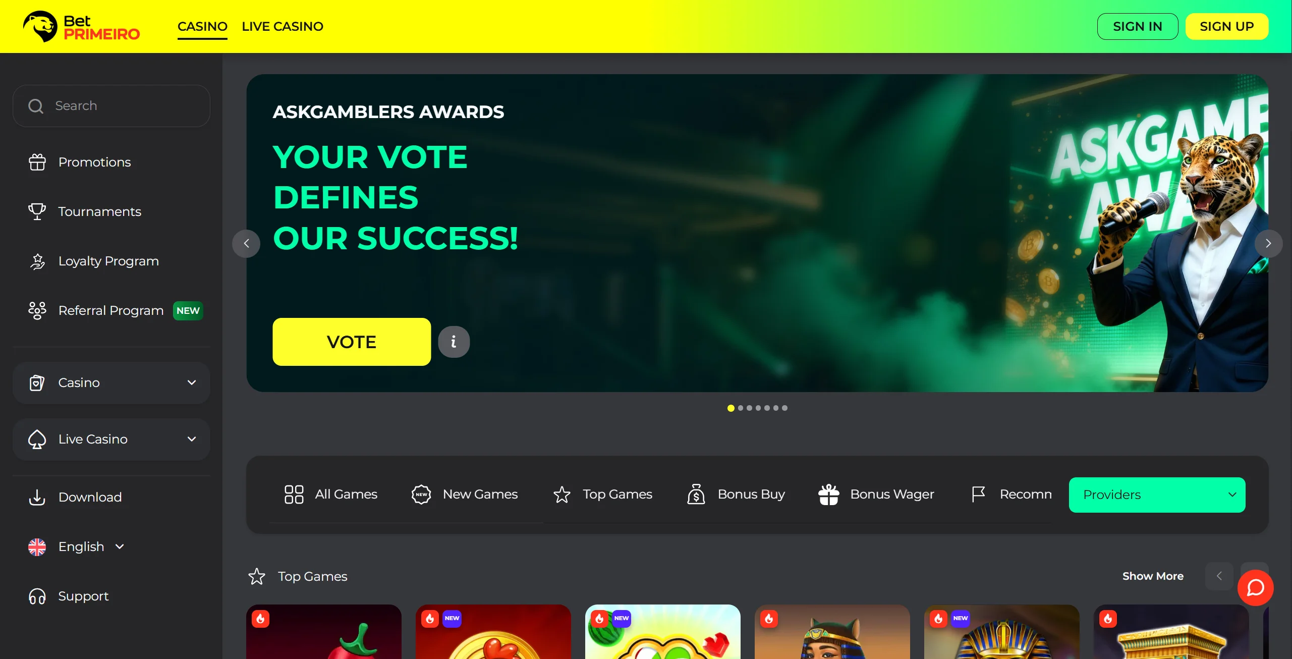 BetPRIMEIRO Casino home page