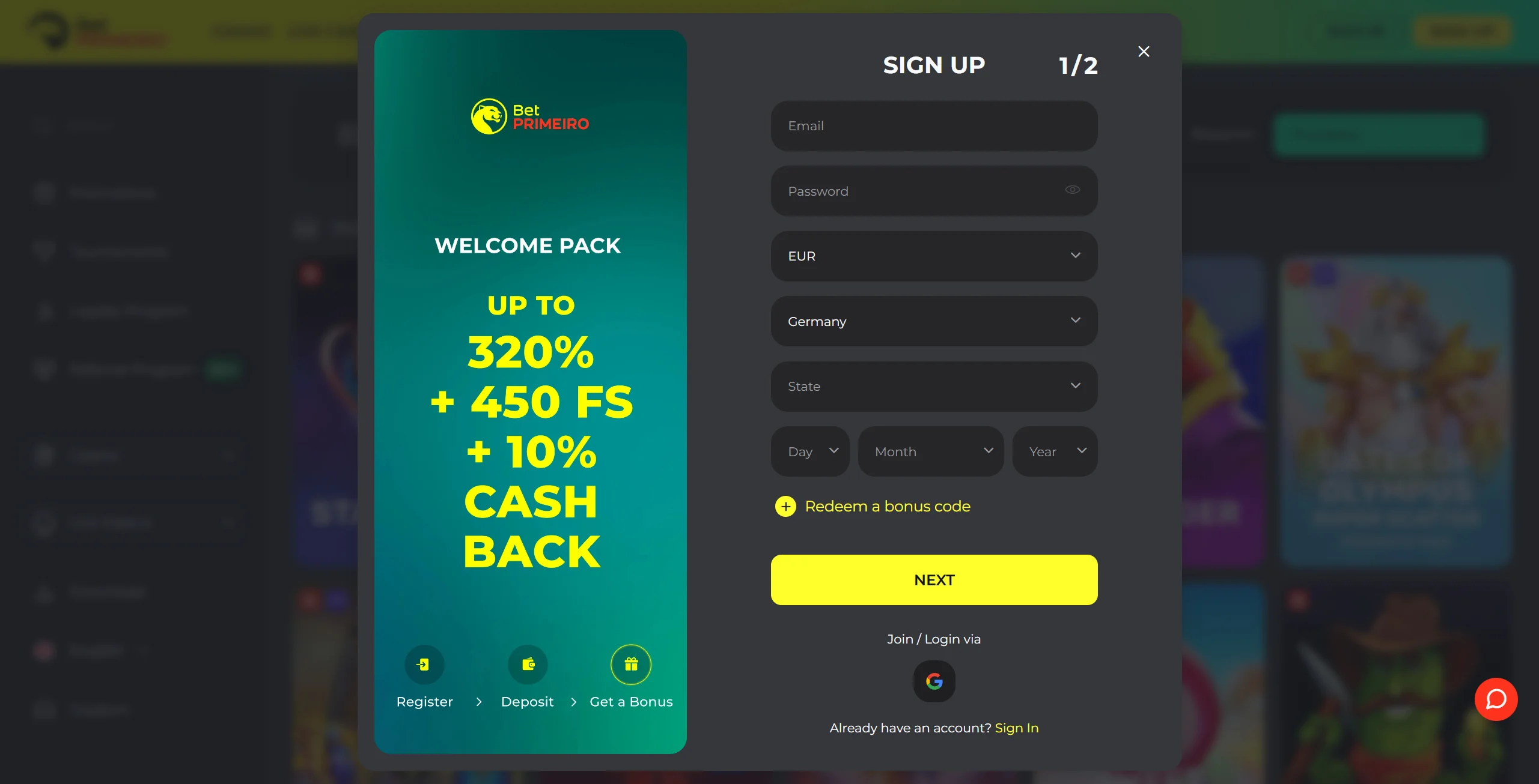 BetPRIMEIRO Casino Sign Up