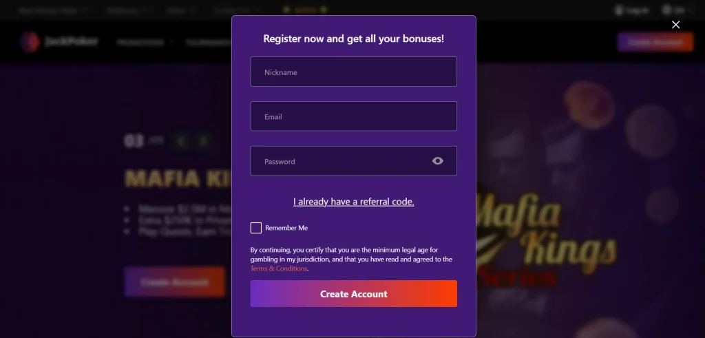 jackpoker room sign up