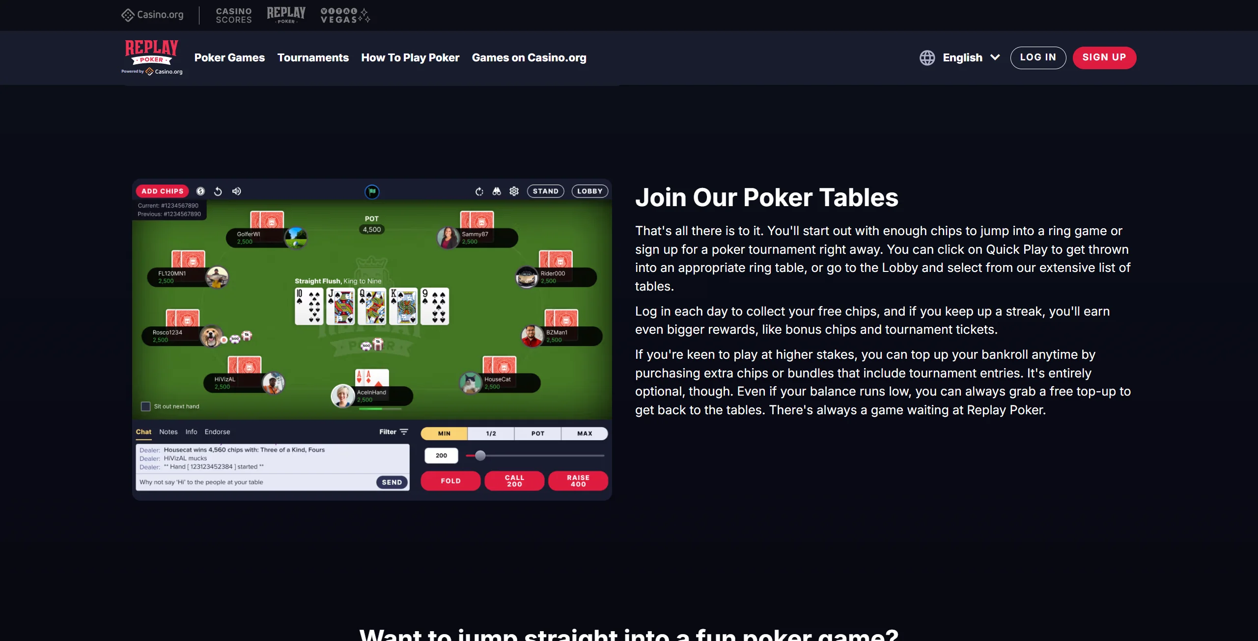 Replay Poker interface