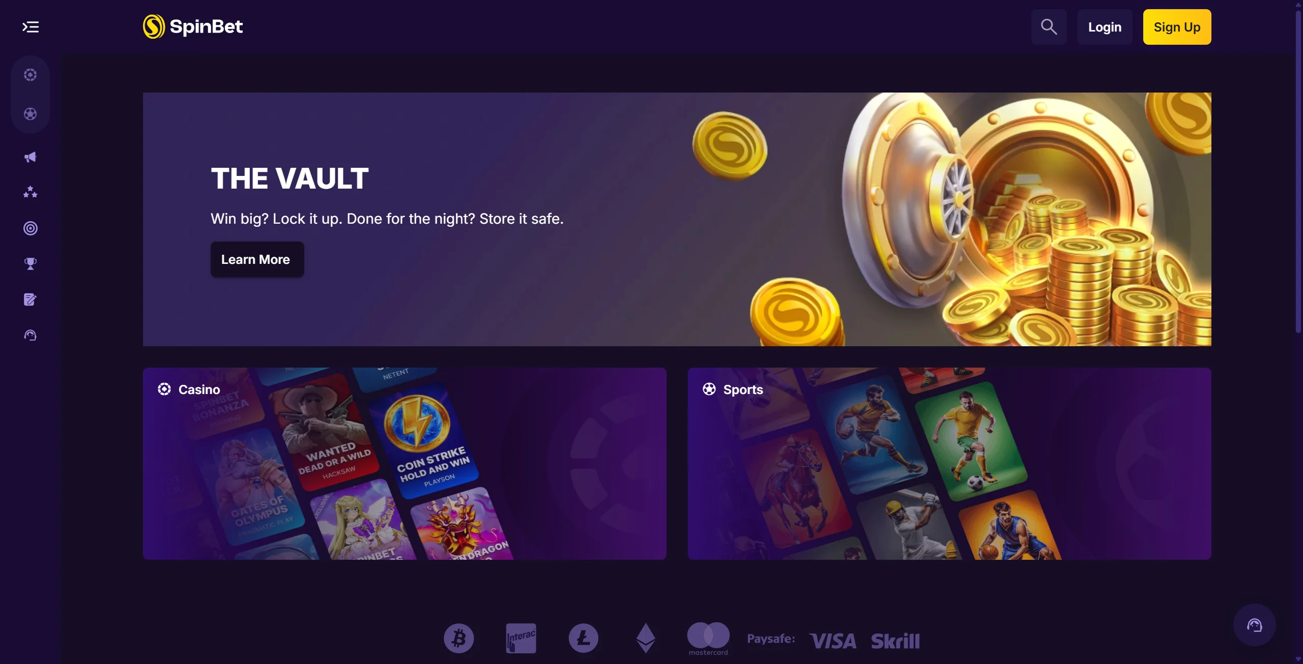 SpinBet casino home page