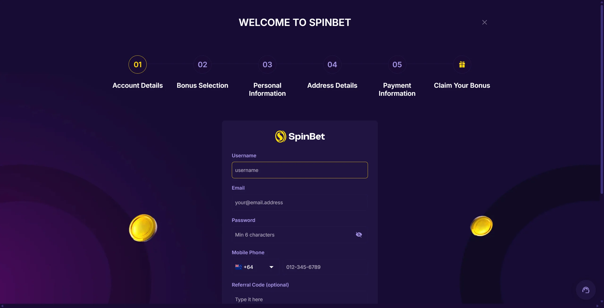 SpinBet casino sing-up