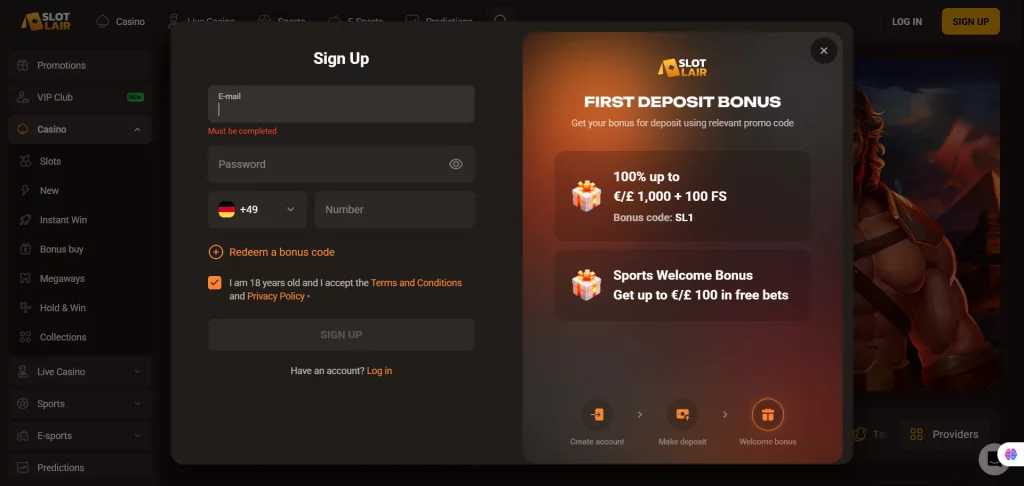 Slotlair Casino sign up
